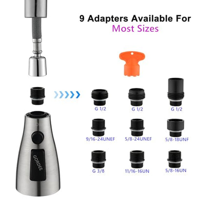 [Upgraded] GORDEE Kitchen Faucet Sprayer Head Replacement, 3-Function(Stream/Spray/Blade) Sprayer Spout Nozzle w/Check Valve, 1.8 GPM, 9 Adapters to Fit Most Standards of Faucets, Brushed Nickel - color: N3 New 3-function Brushed Nickel