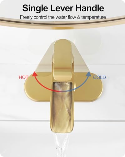 Waterfall Faucet, Brass Gold Bathroom Faucet 1 Hole, 1 Handle Bathroom Faucets for Sink 3 Hole (4 Inch) with Pop-up Drain, Hoses & Deck Plate - color: Brushed Gold-Noble