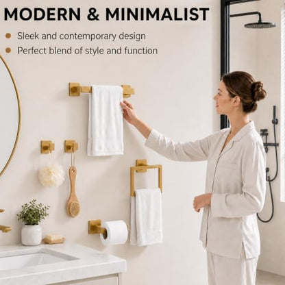 5-Piece Brushed Gold Bathroom Accessorys Stainless Steel Towel Bar Set | Square Wall Mounted Towel Rack with Toilet Paper Holder Towel Ring and Hook for Bathroom Outdoor Shower - color: Brushed Gold