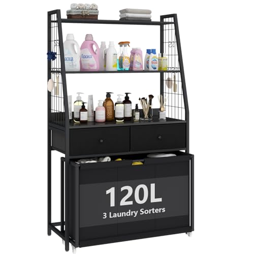 STIKELY Laundry Hamper Laundry Basket with 3 Section Pull-Out Rolling Bags & 2-Tier Storage Shelf, Laundry Sorter for Organization and Storage with 2 Drawers for Laundry Room, Bathroom - color: Black, size: 62.99'' x 32.68'' x 15.75''