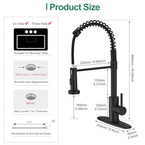 VOTON Black Kitchen Faucet with Pull Down Sprayer Pull Out Kitchen Sink Faucet Stainless Steel Commercial Spring Farmhouse faucets for Kichen Sink Camper Laundry Utility Rv Bar Sink Faucet | Pull Down Sprayer | Matte Black | 2 Spray Modes | 18 in Reach |