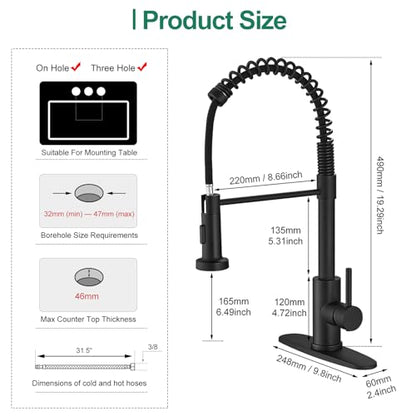 VOTON Black Kitchen Faucet with Pull Down Sprayer Pull Out Kitchen Sink Faucet Stainless Steel Commercial Spring Farmhouse faucets for Kichen Sink Camper Laundry Utility Rv Bar Sink Faucet | Pull Down Sprayer | Matte Black | 2 Spray Modes | 18 in Reach |