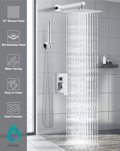 Aolemi Shower System with Rain Head and Handheld,10-Inch,Polish Chrome | High-Pressure Shower Faucet Set with Dual-Function Handheld,Rough-In Valve,1.8 GPM,Wall-Mount Trim Kit - color: Polish Chrome, size: 10 Inch