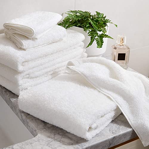 Simple Border Junior Suite Bath Bundle - Luxury All-White Bath Linens Bundle/Includes 2 Wash Cloths, 2 Hand Towels, and 2 Bath Towels / 100% Cotton