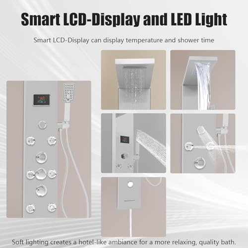6-in-1 LED Shower Panel Tower System with 8 Adjustable Body Jets, Rainfall & Waterfall Shower, Smart Temperature Display, 59" Hose, Brushed Gold Stainless Steel, Wall Mounted (Silver) - color: Silver
