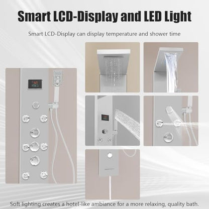 6-in-1 LED Shower Panel Tower System with 8 Adjustable Body Jets, Rainfall & Waterfall Shower, Smart Temperature Display, 59" Hose, Brushed Gold Stainless Steel, Wall Mounted (Silver) - color: Silver
