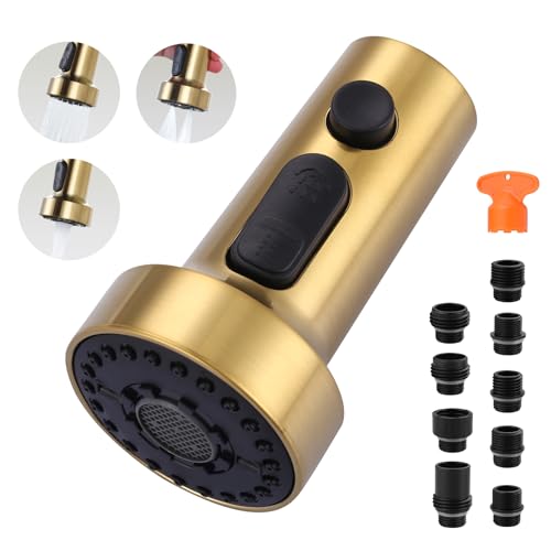 Pull Down Faucet Head Replacement: 3-Function Kitchen Faucet Head with 9 Adapters - Brushed Gold Kitchen Sink Spray Replacement Compatible with Moen, Delta, American Standard Faucets - color: Brushed Gold