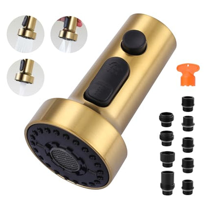 Pull Down Faucet Head Replacement: 3-Function Kitchen Faucet Head with 9 Adapters - Brushed Gold Kitchen Sink Spray Replacement Compatible with Moen, Delta, American Standard Faucets - color: Brushed Gold