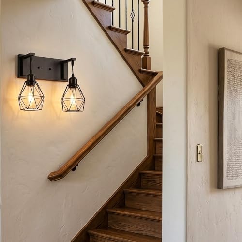 Somniferous Farmhouse Bathroom Light Fixtures, 2 Light Bathroom Vanity Light Over Mirror, Black Bathroom Light with Caged Metal Shade, Rustic Wall Sconce for Bedroom, Living Room, Hallway, E26 Socket - size: 2-Light