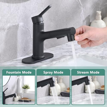 Bathroom Sink Faucet with Pull Out Sprayer, Single Handle Modern Bathroom Basin Faucet with Pop-up Sink Drain Stopper & Deck Plate 1 or 4-inch Centerset 3 Hole, Matte Black - color: Matte Black