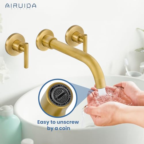 Airuida Wall Mounted Antique Brass 3 Hole Dual Handle Bathroom Faucet with 360 Swivel Spout Vanity Sink Mixer Tap, Matte Finish | Lever Handle,3 Holes,360° Widespread Swivel Spout,Rotatable Bathroom Faucet - color: Antique Brass