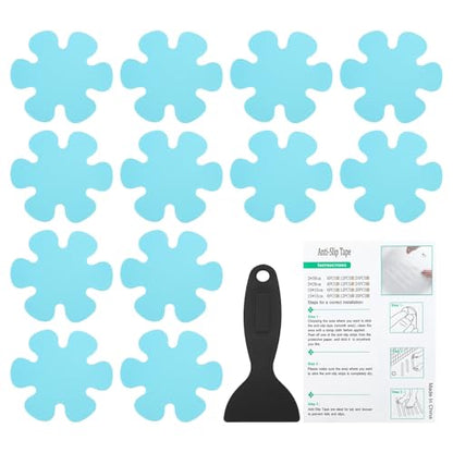 PATIKIL Bathtub Non Slip Stickers 3.9 x 3.9 Inch, 12 Pack Flower Safety Shower Floor Anti Slip Stickers with Adhesive Decals Scraper for Bath Tub Shower Floor Stair, Blue