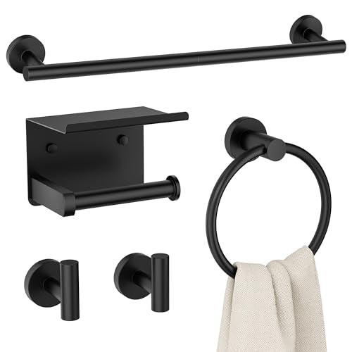 FORIOUS Bathroom Accessories, 5-Piece Bathroom Hardware Set - 24" Towel Bar | Matte Black | Towel Hooks, Towel Racks for Bathroom, Toilet Paper Holder With Shelf & Towel Ring | SUS304 Stainless Steel - color: Matte Black, size: 24 in | 5 Pieces