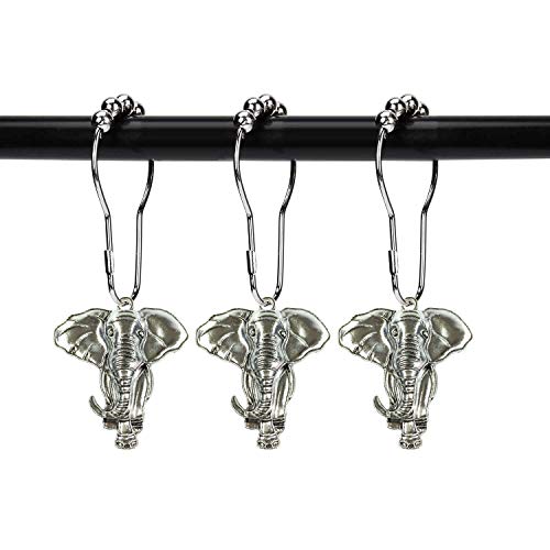 Set of 12 Realistic Elephant Shower Curtain Hooks Decorative Home Bathroom Stainless Steel Rustproof Shower Curtain Rings Decor Accessories (Silver) - color: Silver