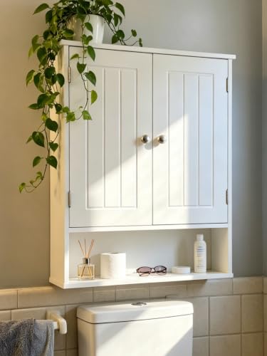 Bathroom Wall Cabinet, Over Toilet Storage Medicine Cabinet with 2 Doors and Adjustable Shelf, Small Above Toilet Bathroom Cabinet with Open Shelf (White, 4)