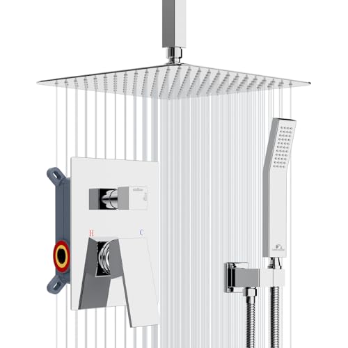 SunCleanse Rainfall Shower Faucet Set with High Pressure in Polished Chrome | Ceiling mounted shower combo set featuring a 12" square rain head, handheld spray, and rough-in mixer valve with trim. - color: Polished Chrome, style: 12-ceiling