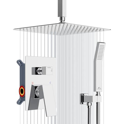 SunCleanse Rainfall Shower Faucet Set with High Pressure in Polished Chrome | Ceiling mounted shower combo set featuring a 12" square rain head, handheld spray, and rough-in mixer valve with trim. - color: Polished Chrome, style: 12-ceiling