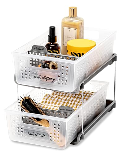 madesmart Premium 2 Tier Organizer, Under Cabinet Storage with Pull Out Sliding Drawers, for Cleaning Supplies, Undersink, Sponges, Bottles & Bath, Adjustable Dividers & Pull Out Baskets, Frost