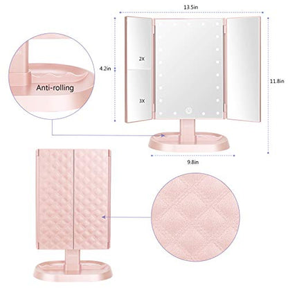 Trifold Lighted Vanity Makeup Mirror with 21 LED Lights,1x/2x/3x Magnification and Touch Screen Dimming,Two Power Supplies Makeup Mirror, Gift for Women - color: Pink