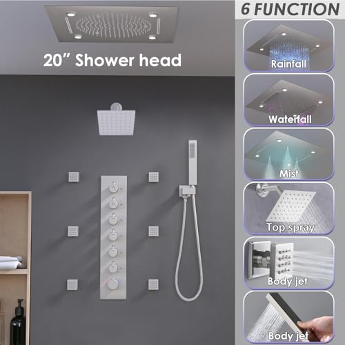 Enga Luxury Dual Shower Head System with Body Jets LED Thermostatic Shower System with 6 inch Wall Shower, 20-Inch 3 Function Shower Head (Rainfall & Mist & Waterfall), Brushed Nickel - color: Brushed Nickel, style: 20" Head (Rain + Mist+Waterfall) - 6" H