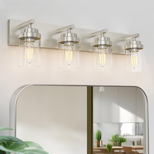 IZORRO Bathroom Vanity Light Fixture, 4-Light 30 Inch Brushed Nickel Bathroom Light Fixtures Over Mirror, with Clear Glass Shade, Modern Farmhouse Vanity Lights, Rustic Restroom Lighting Fixtures - color: Nickel-Clear Glass Shade, size: 30 inch-4-Light
