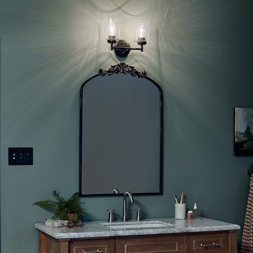 Kichler Winslow 2-Light Farmhouse Vanity Light, Black | Clear seeded glass vanity light with industrial styling (12.75" x 9.25" x 6.5"), 45885BK - color: Black, size: 13"