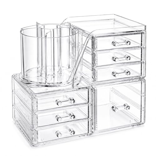 2-Tier Acrylic Makeup Organizer, 360° Rotating Brush Holder & 7 Drawers | Stackable Design; 7 Detachable Drawers; Crystal Clear Display; Space-Saving Countertop Caddy for Vanity, Bedroom & Bathroom - size: 2 Tier-7 Drawers