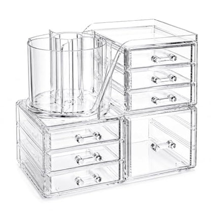 2-Tier Acrylic Makeup Organizer, 360° Rotating Brush Holder & 7 Drawers | Stackable Design; 7 Detachable Drawers; Crystal Clear Display; Space-Saving Countertop Caddy for Vanity, Bedroom & Bathroom - size: 2 Tier-7 Drawers