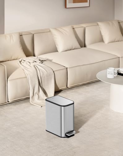 Cesun Small Bathroom Trash Can with Lid Soft Close & Pedal, 1.3 Gal, Silver | Removable Inner Bucket, Slim Stainless Steel Garbage Can for Bedroom/Office, Included 5 Trash Bags, Hidden Bag, Built to Last - color: Silver