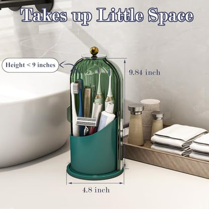 Toothbrush and Toothpaste Holders with Cover, All Green | Waterproof and Dustproof, 360° Rotating Base, Smooth Sliding Door, 3 Slots, for Bathroom Countertop - color: All Green