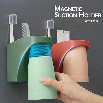 2 in 1 Toothbrush Holder,for Dad Mom and Son/Daughter in Bathroom | Storage Organizer ,Space Saving ,Father Mother and Son/Daughter, Suction cup - color: Rose Pink