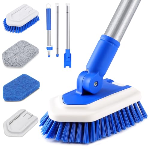 Bathtub Cleaning Brush Long Handle, Shower Bathroom Cleaner Brush Scrubber | 3 Different Detachable Scrub Brush Replacement Head for Scrubing Bathroom Floors, Tubs, Tiles, and Kitchen Walls - color: Blue