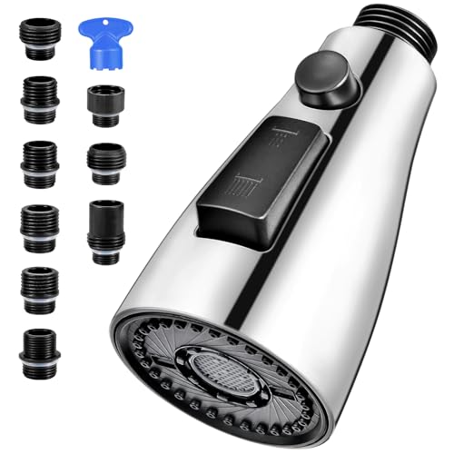 Kitchen Faucet Head Replacement, Premium 3 Function Pull Down Spray Head with 9 Adapters, Kitchen Sink Faucet Head Compatible with American Standard, Moen/Delta Faucets, Chrome - color: Chrome