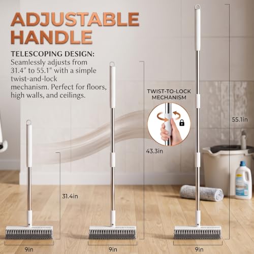 V-Shaped Floor Scrub Brush with Long Handle, Heavy-Duty Stiff Bristle Grout Cleaning Brush, 180° Rotating Tile Scrubber for Bathroom, Shower, Kitchen, Garage, Patio, Deck & Concrete Floors - color: New White Grey