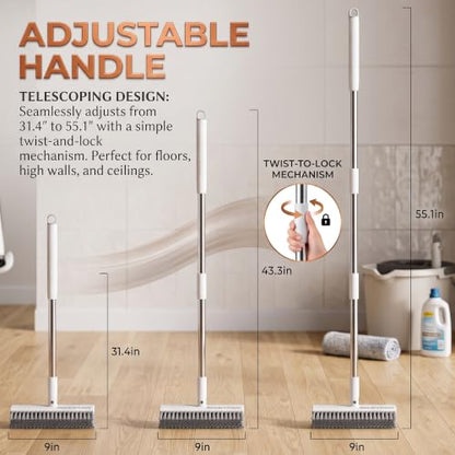 V-Shaped Floor Scrub Brush with Long Handle, Heavy-Duty Stiff Bristle Grout Cleaning Brush, 180° Rotating Tile Scrubber for Bathroom, Shower, Kitchen, Garage, Patio, Deck & Concrete Floors - color: New White Grey