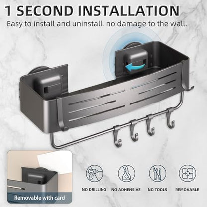 Onemake Shower Caddy Suction Cup, 2 Pack Shower Shelf with Hooks for Bath | No-drilling Rustproof Aluminum Removable Caddy with Towel Bar, Waterproof Shower Organizer, Corner Shampoo Holder, Gray - style: 2 Tier-Gray Square Caddies