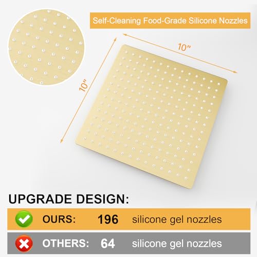 10 In Rain Shower Head High Pressure Rainfall Shower Head Brushed Gold | Square Rain Bathroom Showerhead, High Flow, Large Stainless Steel, Ceiling Mounted, Wall Mounted, Waterfall Full Body - color: Brushed Gold, size: 10 Inch