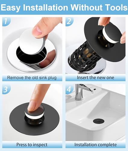 QYHNYJF Upgraded Bathroom Sink Stopper with Hair Catcher - Universal Pop-Up Drain Plug, Stainless Steel & Silicone Seal for 1.1-1.5 Inch Drains, Matte Black Finish (Matte Black) - color: Black