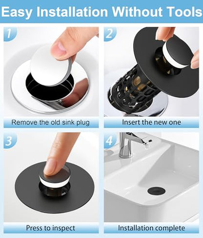 QYHNYJF Upgraded Bathroom Sink Stopper with Hair Catcher - Universal Pop-Up Drain Plug, Stainless Steel & Silicone Seal for 1.1-1.5 Inch Drains, Matte Black Finish (Matte Black) - color: Black