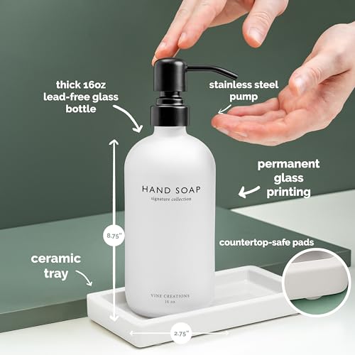 Vine Creations Glass Soap Dispenser Set, Kitchen Soap Dispenser Set with Ceramic Tray, 16 oz Dish Soap and Hand Soap Dispenser Set with Stainless Steel Pump Decor (White Bottle/Matte Black) - color: White Bottle / Matte Black Pump