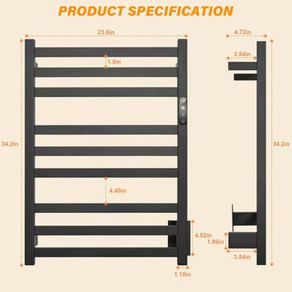 9-Bar Towel Warmer, Wall-Mounted Electric Heated Rack for Bathroom, 24-Hour Timer Smart Switch, 304 Stainless Steel Heated Towel Holder, Hard Wired an Plug in Electric Heated Dryer