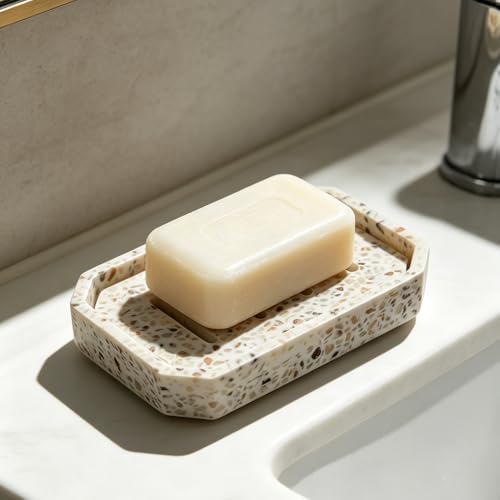 Drainable Soap Dish, Double Layer Resin Soap Holder, Non-Slip Silicone Feet Soap Saver for Bathroom (Terrazzo Look) - color: Terrazzo Look