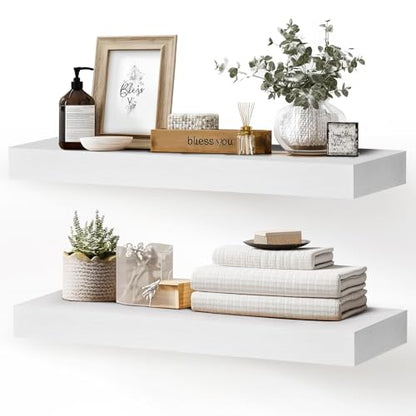 Solid Wood Floating Shelves, 24 Inch Wall Shelves, Set of 2, White | 8 Inch Deep, 1.6 Inch Thick, Extra-Wide Display Space, Mounting Hardware Included, For Kitchen, Bathroom and Living Room - color: White, size: 24x8x1.6