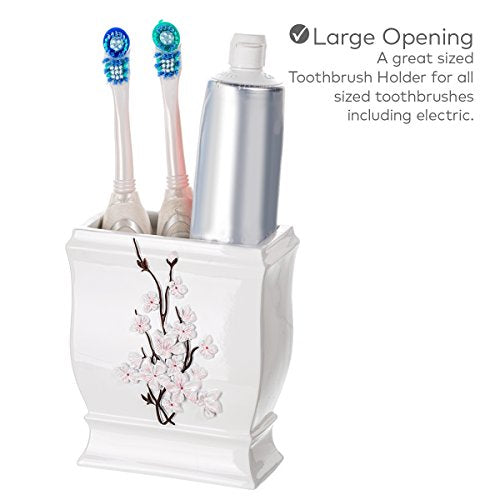 Vanda Cherry Blossom 4 Piece Resin Bathroom Accessories Set | Includes Soap Dispenser, Toothbrush Holder, Tumbler Cup & Soap Dish - style: 4 Piece Set