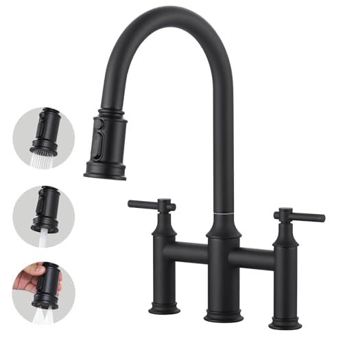 Matte Black Bridge Kitchen Faucet: 3 Holes Brass Bridge Faucet with Pull Down Sprayer - Two Handles 8 Inch Centerset Kitchen Sink Faucet, 360° Swivel Spout - color: Matte Black