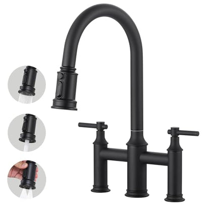 Matte Black Bridge Kitchen Faucet: 3 Holes Brass Bridge Faucet with Pull Down Sprayer - Two Handles 8 Inch Centerset Kitchen Sink Faucet, 360° Swivel Spout - color: Matte Black