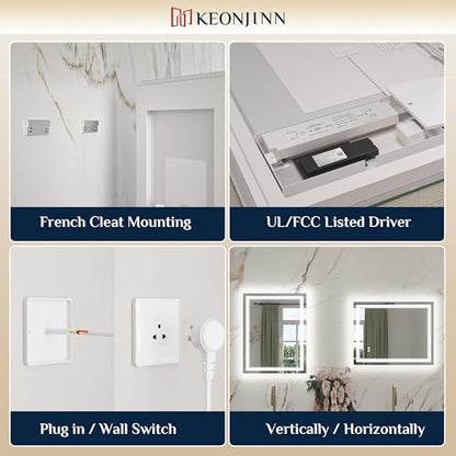 Keonjinn 72" x 36" Large Bathroom Mirror with Lights, Frontlit & Backlit | Safe HD Tempered Glass, 3000K/4500K/6000K, Dimmable, Auto-OFF Defogging, Memory Function, Smart Lighted Bathroom LED Mirror - size: 36"L x 72"W