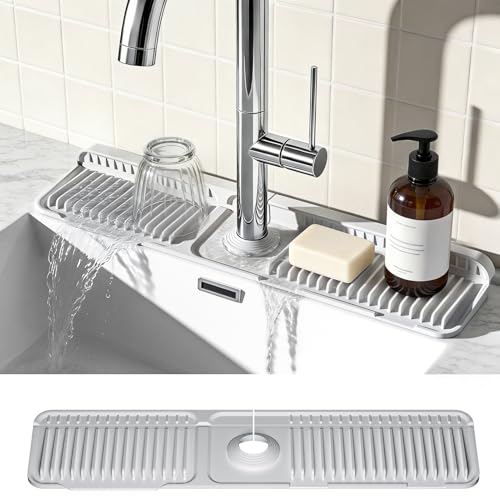 24 Inch Faucet Mat for Kitchen Sink, Silicone Splash Guard for Kitchen Sink Area, 7° Slope Fast Self-Draining Sink Mat, Cuttable Hole Design, Sink Backsplash Guard Draining Mat, Grey - color: Gray