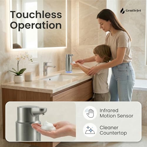 GentleJet CrystalJet Automatic Foam Soap Dispenser Stainless Steel, Touchless Sensor, USB-C Rechargeable, Waterproof, Modern Bathroom & Kitchen Sink, 300 ml - color: Silver