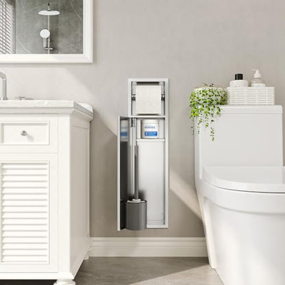 Qeke in Wall Toilet Brush Holder w/Cabinet, Brushed, 4" Depth | 304 Stainless Steel Rustproof Recessed Toilet Brush Holder, Tissue Paper Holder w/ Toilet Brush for Bathroom - color: Brushed Nickel